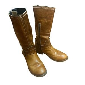 Bed Stu Brown Leather Mid Calf Zipper Boots Women’s 8.5 Buckle Detail Distressed